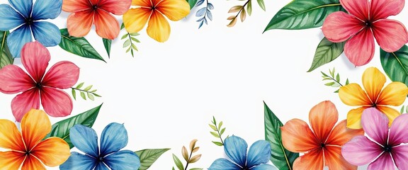 Vibrant Tropical Flower Watercolor Painting on White Background: Deep Purples, Bright Yellows, and Green Leaves. A watercolor painting of tropical flowers and leaves.