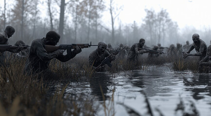 A menacing horde of zombies stands in a murky swamp, armed and ready. The eerie atmosphere is heightened as they aim their weapons, seemingly on the hunt for prey amid fog and trees