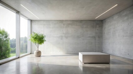 Fototapeta premium Modern minimalist interior design featuring a concrete wall, large window with natural light, and a potted plant, showcasing a clean and serene atmosphere