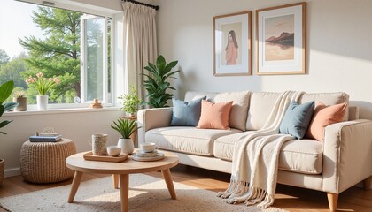 Stylish Scandinavian living room filled with morning light, cozy ambiance