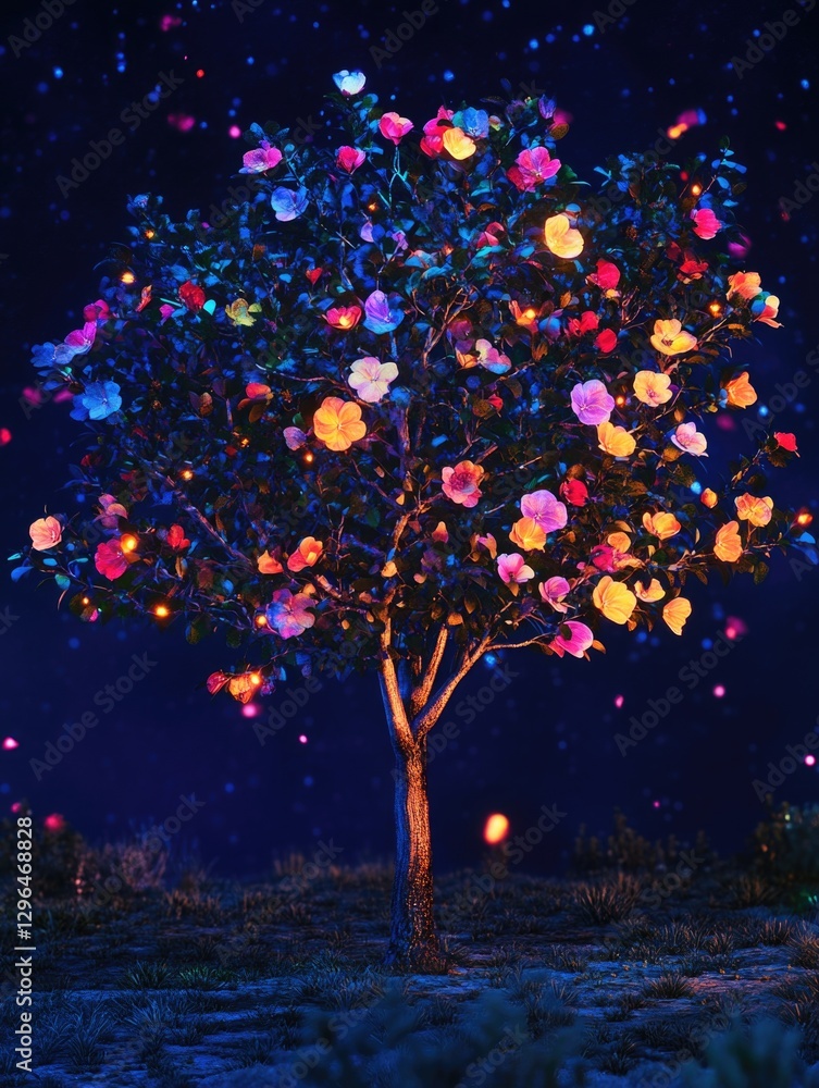 Poster a tree with many flowers is lit up in the dark. the tree is surrounded by a field of grass