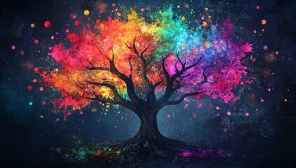 Colorful tree of life with vibrant colors on a dark background
