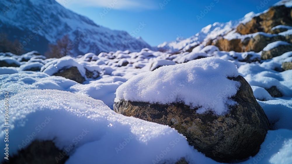 Poster a rock covered in snow sits in the middle of a snowy field. the snow is piled up around the rock, cr