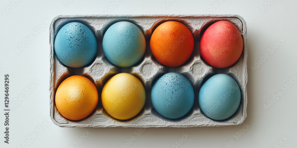 Poster a tray of eggs with different colors and sizes. the eggs are in a carton and are arranged in a row