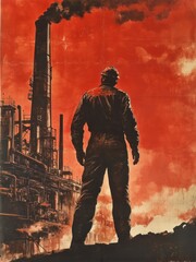 Fototapeta premium Vintage soviet propaganda poster featuring industrial worker and factory smokestack in dynamic rise