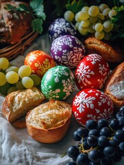 A table with bread, grapes, and eggs. The eggs are decorated with snowflakes and are in various colors