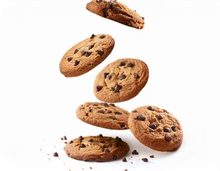 falling chocolate chip cookies isolated on transparent or white background