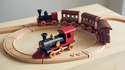 Fototapeta premium A wooden toy train set with intricate details on a light wooden surface.