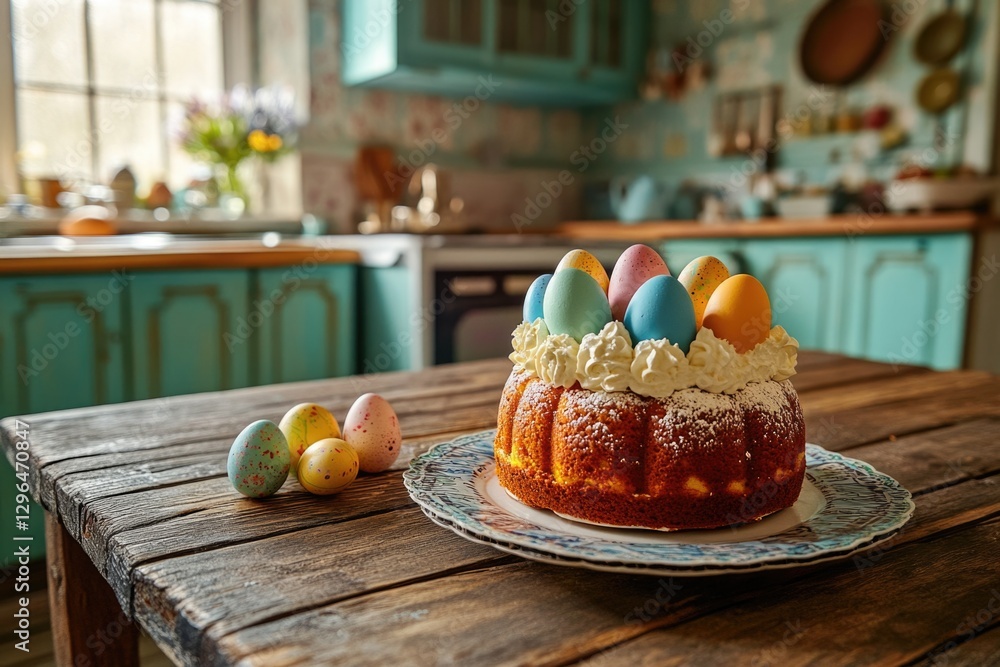 Poster a cake with eggs on top of it is sitting on a wooden table. the cake is decorated with eggs and is p