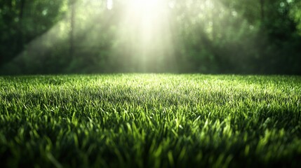 Naklejka premium Green grass field illuminated by sunlight with clear blue sky and scattered clouds in the background