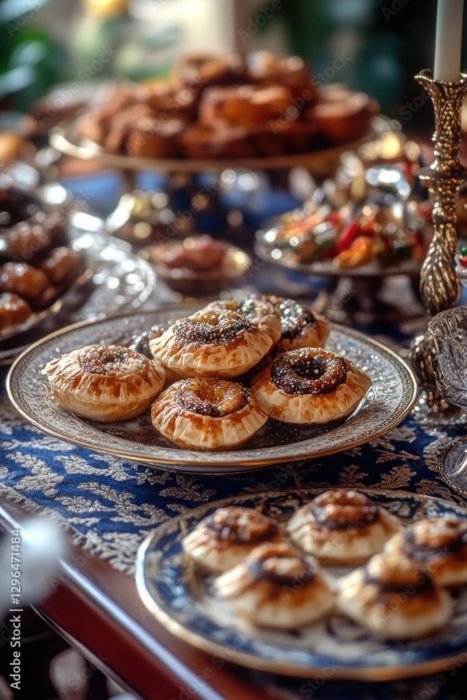 Poster a table with a variety of pastries and desserts, including some with chocolate on them. the table is