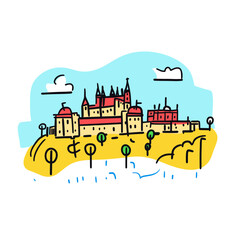 Fototapeta premium Prague Castle illustration in an doodle inca cartoon style. Simple minimalist drawing of Prague Castle