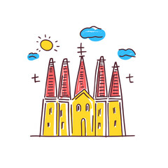 Obraz premium Sagrada Familia illustration in an doodle inca cartoon style. Simple minimalist drawing of Sagrada Familia