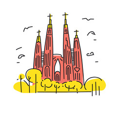 Sagrada Familia illustration in an doodle inca cartoon style. Simple minimalist drawing of Sagrada Familia