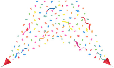 Two Red party popper and explosion colorful confetti with ribbon isolated white background. Vector illustration for birthday, party, festival fair, celebration, and congratulation.