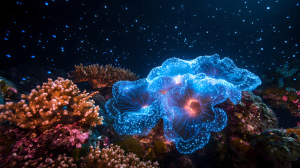 Explore sumatra's underwater realm: bioluminescent coral reefs and enigmatic deep-sea mysteries await. Bioluminescent Coral Reef. Illustration