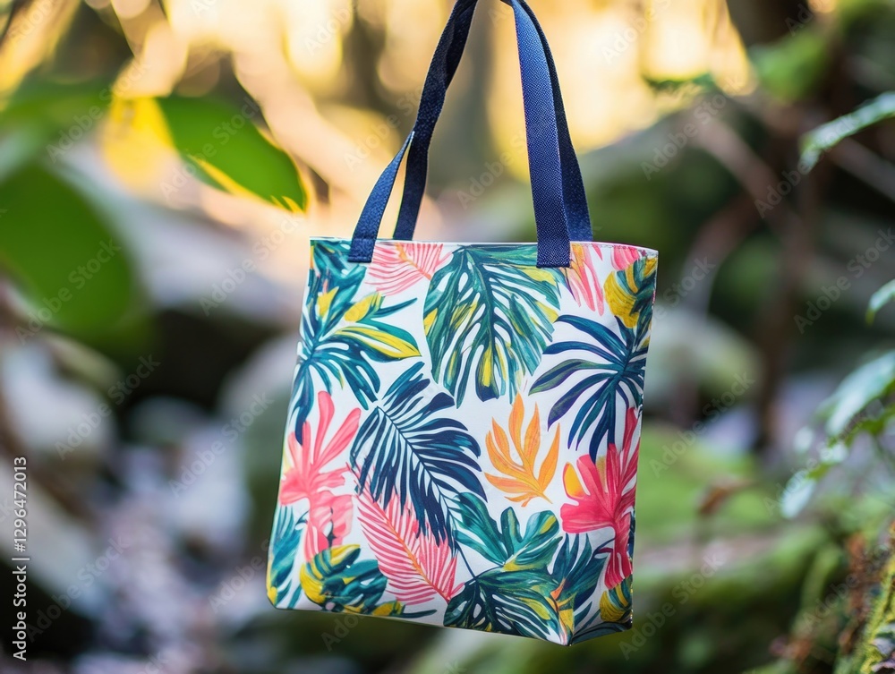 Poster a colorful bag with a tropical leaf design is hanging from a tree branch. the bag is made of a soft 