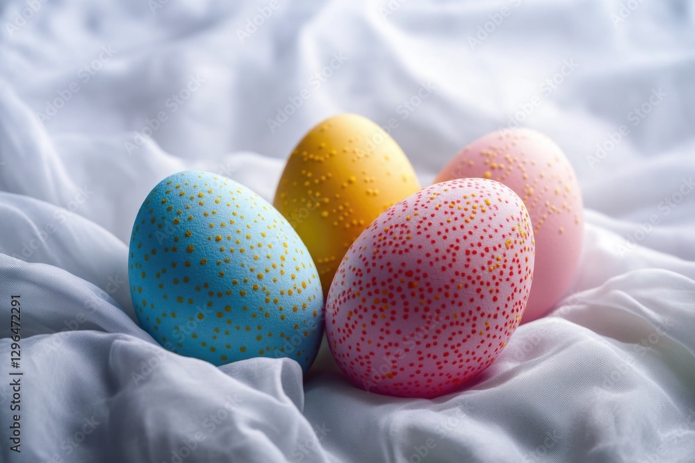 Poster four eggs with different colors and patterns are arranged on a white cloth. the eggs are decorated w