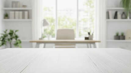 Bright white rectangular wooden table with soft natural lighting and blurred minimalist home office background featuring desk and chair

