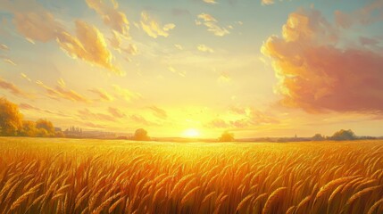 Fototapeta premium Golden Wheat Field Under Vibrant Sunset Sky with Soft Clouds