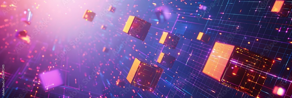 Poster abstract floating cubes in digital cyberspace. technology, data network, blockchain, futuristic, con