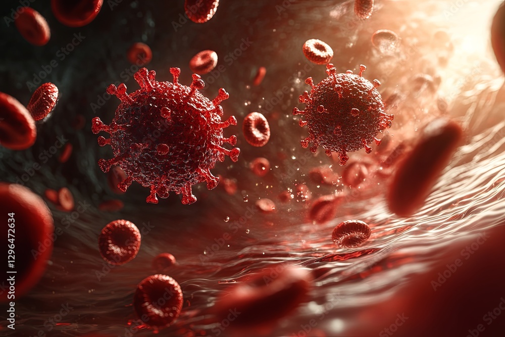 Poster microscopic view of a virus interacting with red blood cells in a dynamic environment