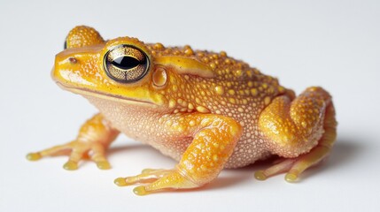 Fototapeta premium A frog with yellow spots and black eyes is sitting on a white background. The frog appears to be looking at the camera