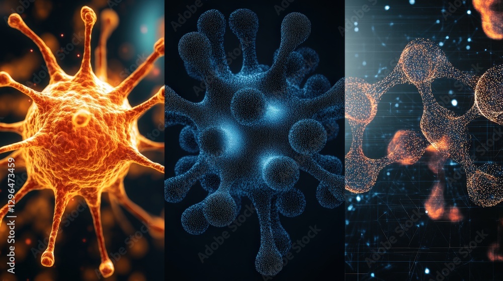 Poster close up image of a virus cell with detailed structure and features for scientific study