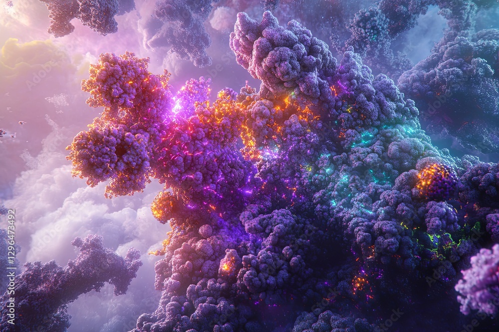 Poster brightly colored virus particles floating in a surreal abstract composition with vibrant hues and in