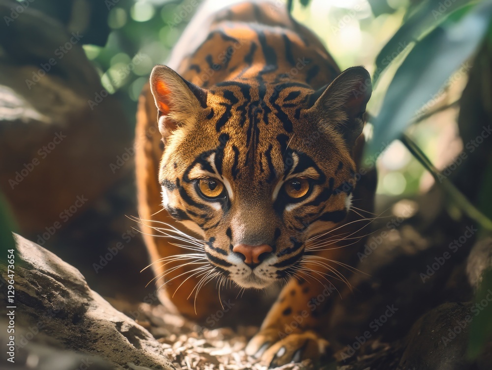 Poster a tiger is looking at the camera with its eyes wide open. the tiger is in a jungle setting, surround