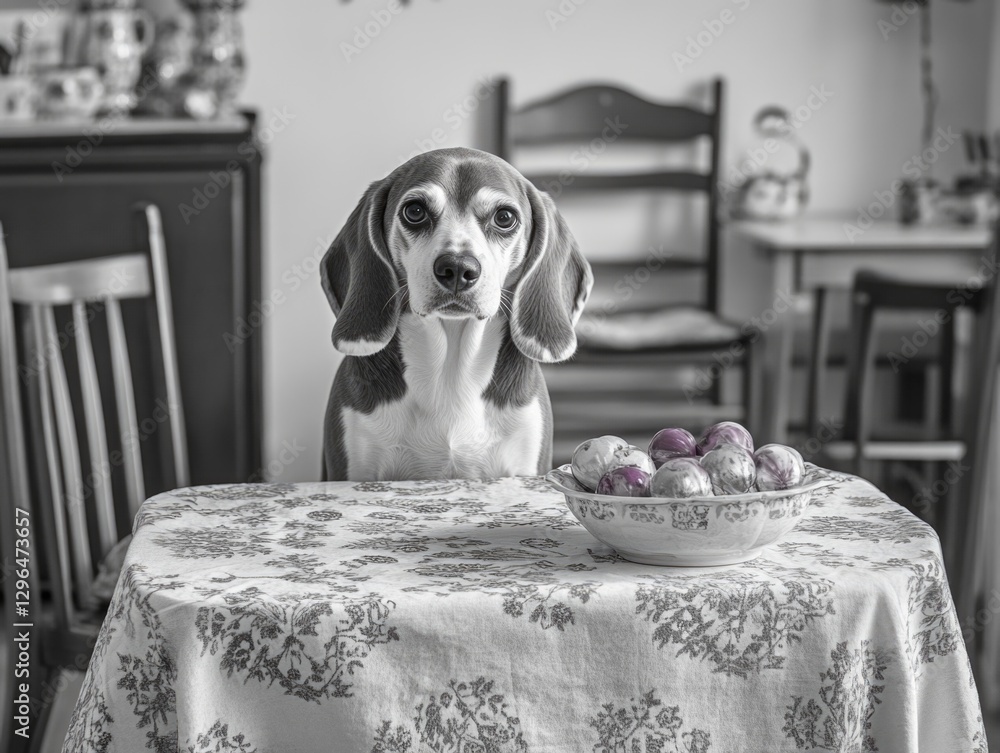 Poster a dog is sitting at a table with a bowl of eggs in front of it. the scene is set in a home, with cha