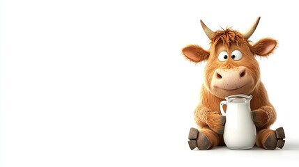 Cartoon cow with milk jug on white background: whimsical farm animal illustration