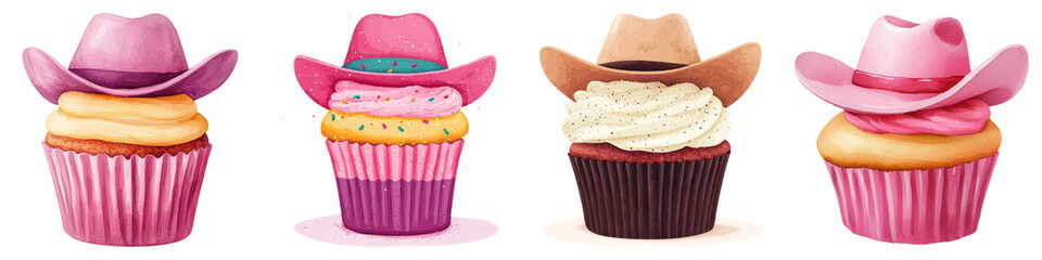 cute cowboys concept. Colorful cupcakes topped with cowboy hats, perfect for a fun celebration. on Transparent background.