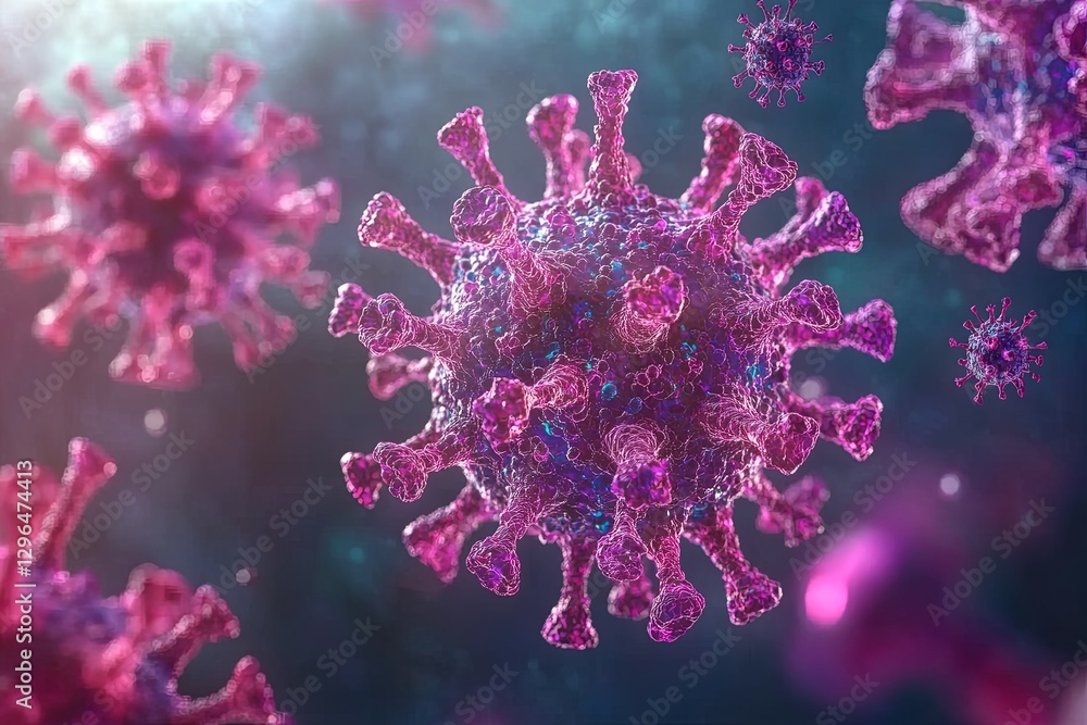 Poster detailed view of a virus showcasing its intricate structure and characteristics under a microscope