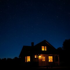 Las estrellas titilan en el cielo nocturno. Hay una casa bajo el cielo.