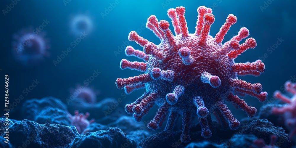 Poster detailed close-up of a virus structure with colorful spikes observed in a digital representation of 