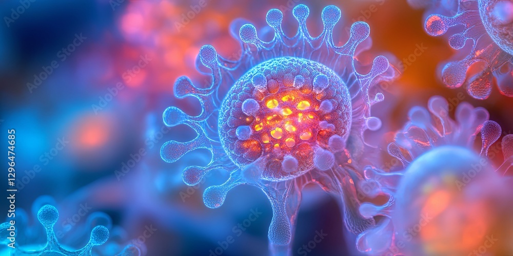 Poster colorful microscopic view of a virus showcasing intricate details and structure during cellular inte