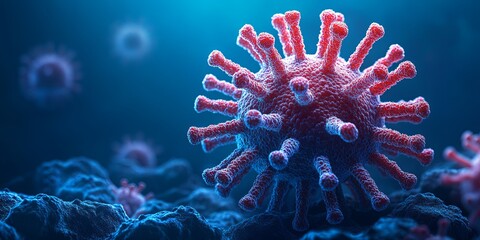 Detailed close-up of a virus structure with colorful spikes observed in a digital representation of infected cells