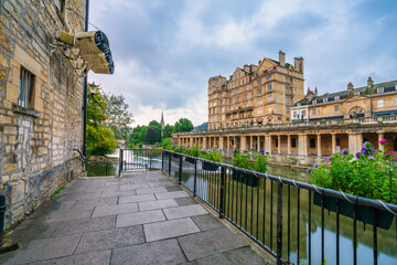 Morning scenery of Pulteney weir at River Avon in city of Bath, Somerset. England