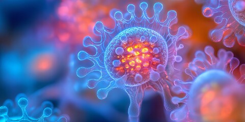 Colorful microscopic view of a virus showcasing intricate details and structure during cellular interaction