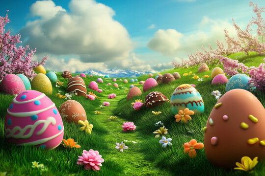 a beautiful easter illustration on a colorful and captivating background, with chocolates, rabbits and sweets
