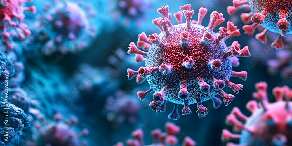 Poster visual representation of a virus highlighting its structure and features under a microscope in a lab