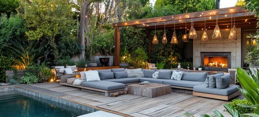 Fototapeta premium Backyard patio with fire pit and pool