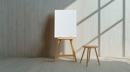 A Blank Canvas On An Easel Next To A Small Stool