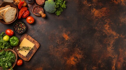 Fresh Vegetables and Bread Arrangement for Culinary Background