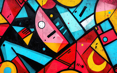 Obraz premium Colorful abstract mural showcasing geometric shapes and patterns in red, blue, yellow, and black. A modern artistic expression in urban art.