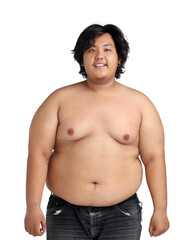 Asian Happy Fat Boy Acting Bodybuilding feeling good Health isolated on white background