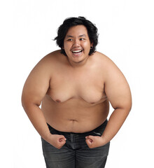 Asian Happy Fat Boy Acting Bodybuilding feeling good Health isolated on white background