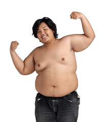Asian Happy Fat Boy Acting Bodybuilding feeling good Health isolated on white background