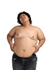 Asian Happy Fat Boy Acting Bodybuilding feeling good Health isolated on white background